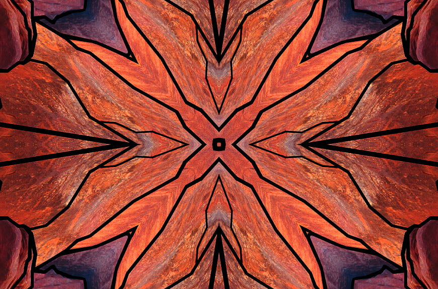 Abstract orange and purple kaleidoscope pattern with symmetry