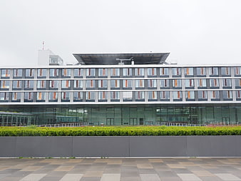 Modern University Hospital Building Facade With Green Hedges