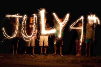 Group of people creating light painting text July 4th with sparklers at night