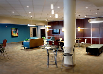 Modern office lounge with blue and brown interior design
