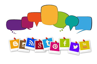 Social Media Icons on Polaroids with Speech Bubbles