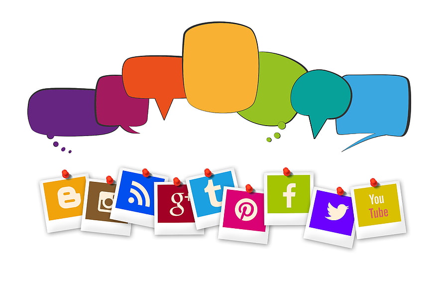 Social Media Icons on Polaroids with Speech Bubbles