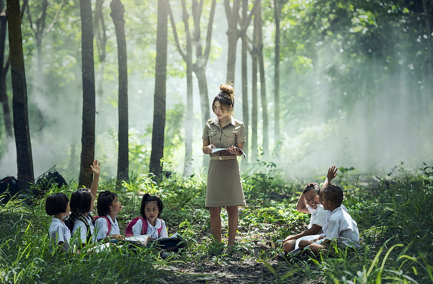 Teacher leading outdoor class in misty forest with students