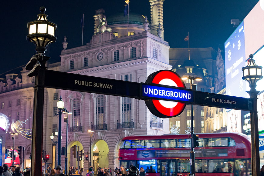 London Underground Sign at Piccadilly Circus Night