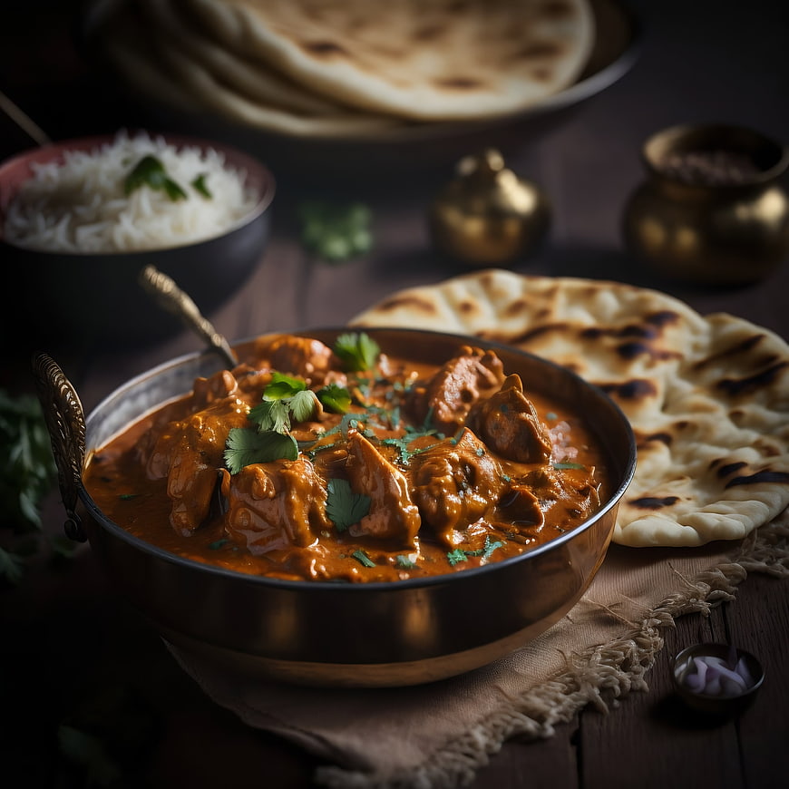 Butter Chicken Curry with Naan Bread and Rice