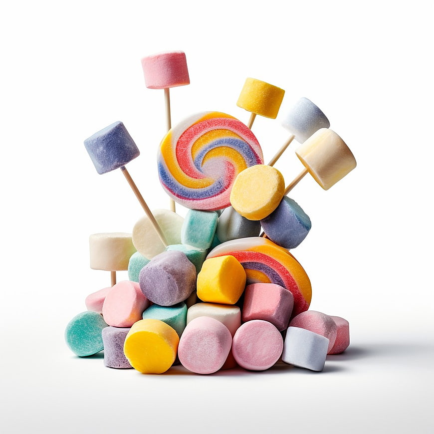 Colorful Marshmallows and Lollipops on White Background