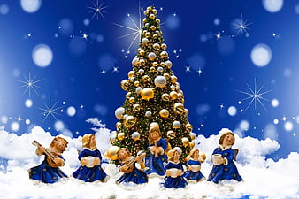 Christmas Tree With Singing Angel Figurines On Snowy Clouds
