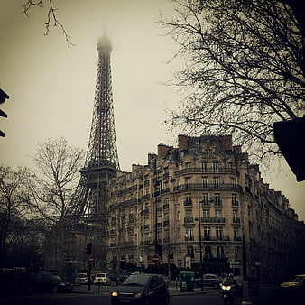 Eiffel Tower in Paris on a Foggy Overcast Day