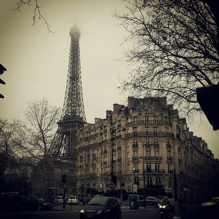 Eiffel Tower in Paris on a Foggy Overcast Day