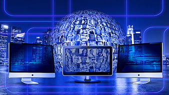 Global Connectivity Concept with Computer Monitors and Face Mosaic Globe