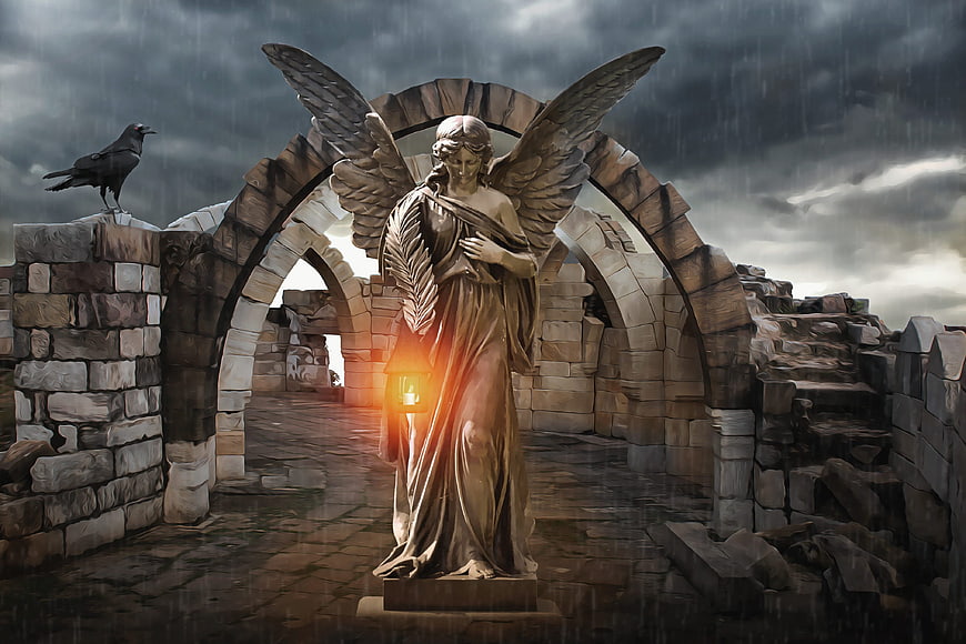 Gothic Angel Statue in Ancient Ruins with Raven and Candlelight