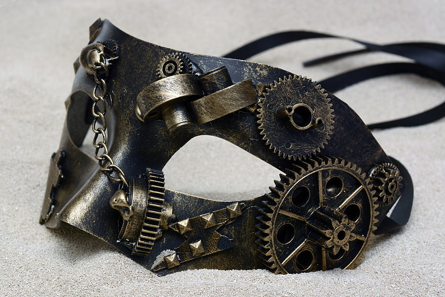 Steampunk Leather Mask With Brass Gears And Skulls