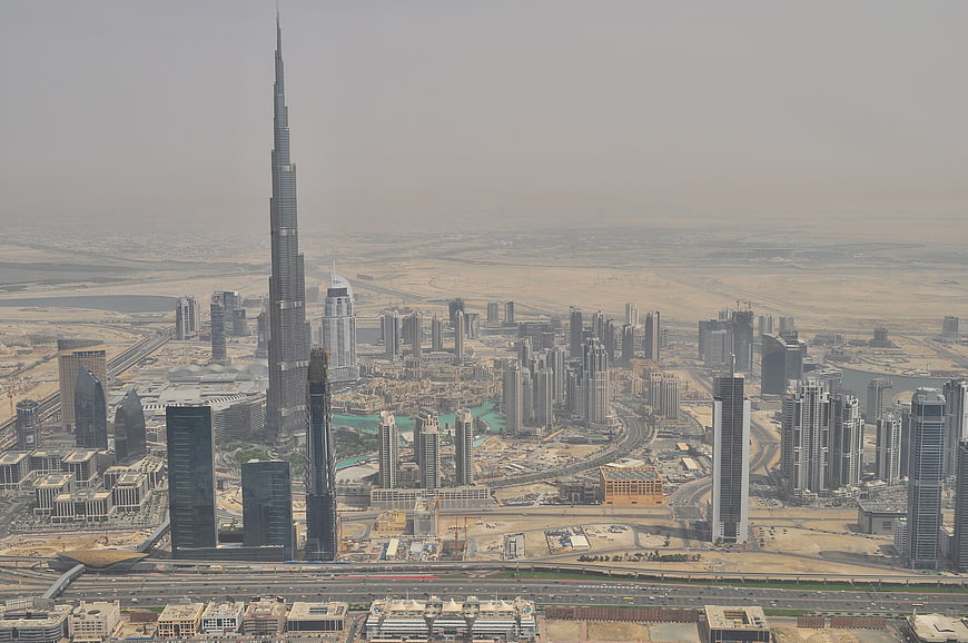Aerial View of Dubai Skyline with Burj Khalifa and Desert