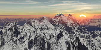 Snow-Covered Mountain Peaks at Sunset with Dramatic Sky