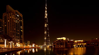 Burj Khalifa Night Skyline with Water Reflections