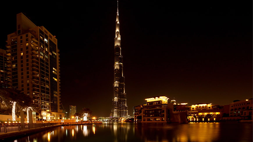 Burj Khalifa Night Skyline with Water Reflections