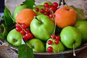 Bowl of Fresh Green Apples, Apricots, and Red Currants
