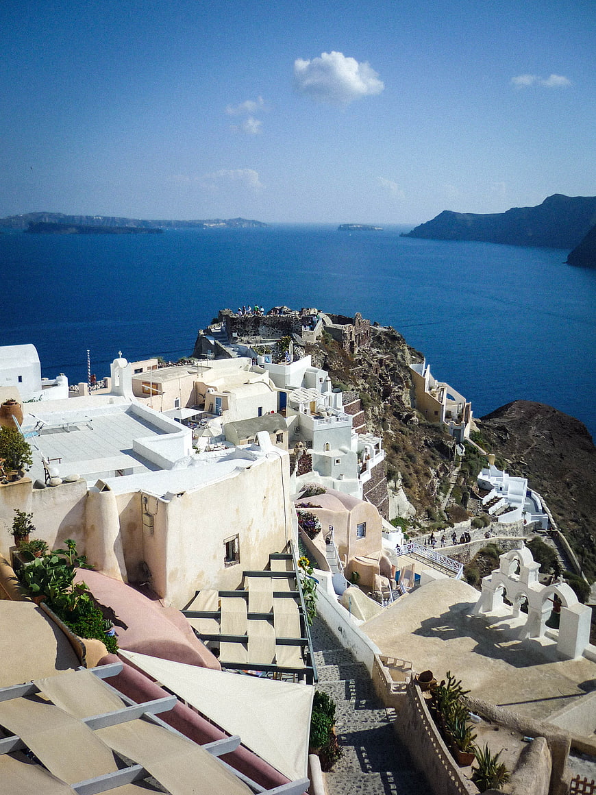Santorini Oia Cliffside View with White Buildings and Blue Sea