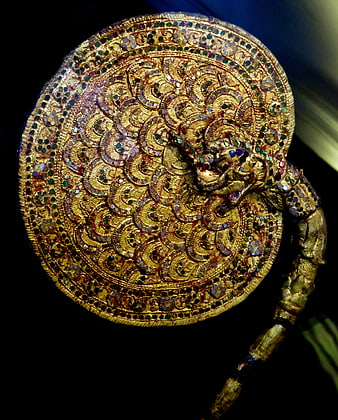 Ornate Asian Gold Shield with Gemstone Inlay