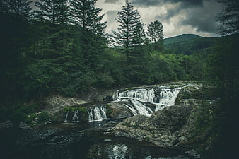 Misty waterfall cascading through dark pine forest