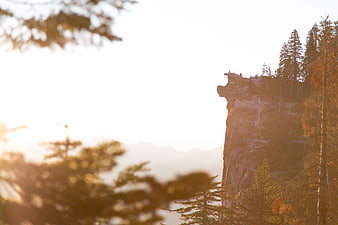 Sunlit Mountain Cliff with Silhouetted Trees and Bokeh