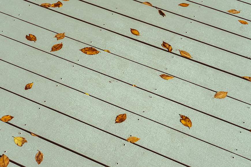 Autumn Leaves Scattered on Wooden Deck Planks