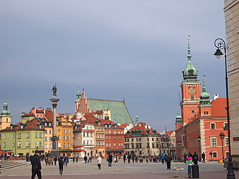 Warsaw Old Town Market Square with Colorful Historic Buildings and Cathedral