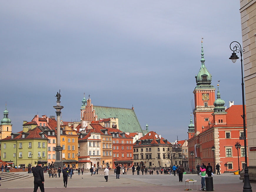 Warsaw Old Town Market Square with Colorful Historic Buildings and Cathedral