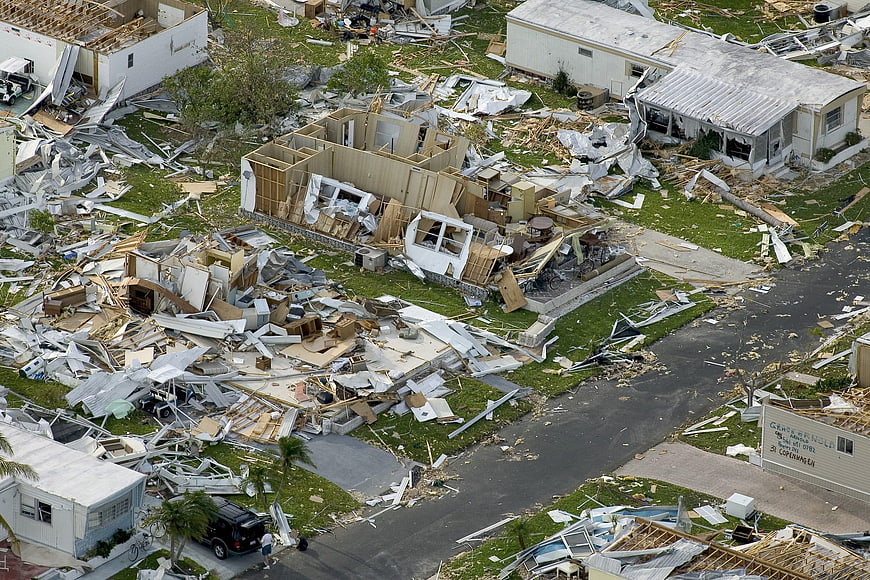 Aerial view of hurricane devastation and destroyed homes