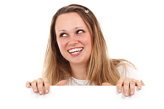 Smiling Young Woman Holding Blank White Sign Board