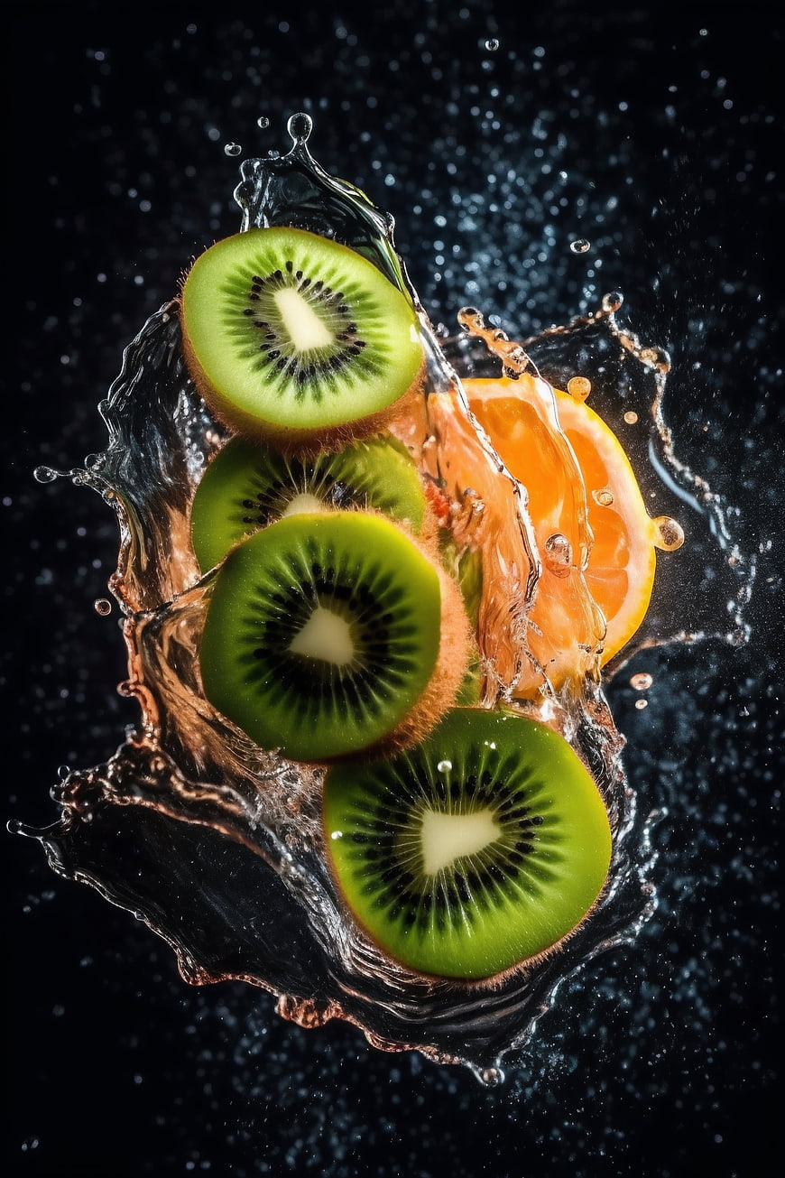Fresh kiwi and orange slices splashing in water