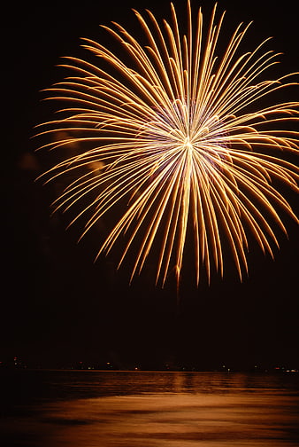 Golden Fireworks Bursting Over Dark Sea At Night