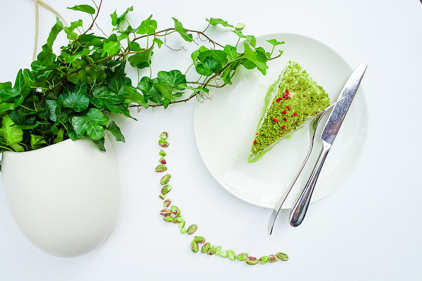Overhead View of Pistachio Cake Slice with Greenery