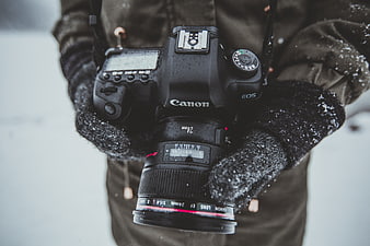 Close-up of Canon DSLR Camera in Snowy Winter