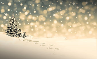 Snowy Winter Landscape With Pine Tree And Falling Snowflakes