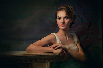Vintage Portrait of Elegant Woman in White Dress