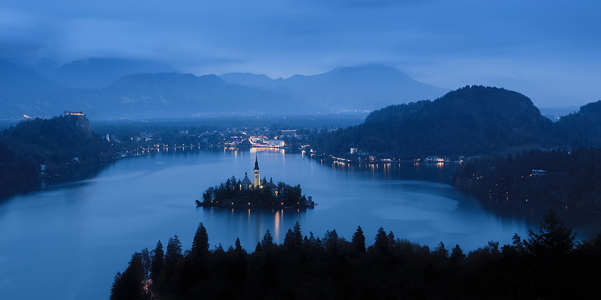 Blue Hour View of Lake Bled Island and Castle