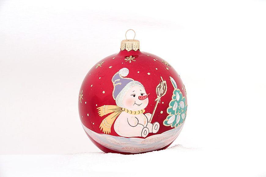 Red Christmas Ornament with Snowman Illustration on White Background