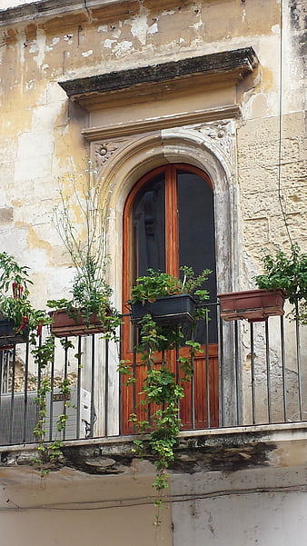 Old European Balcony with Plants and Arched Door