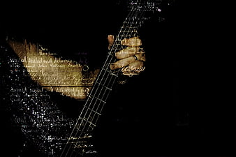 Guitar Neck And Hand Over Vintage Manuscript Text On Black Background