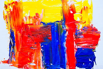 Vibrant Abstract Acrylic Painting with Bold Red, Blue, and Yellow Brushstrokes