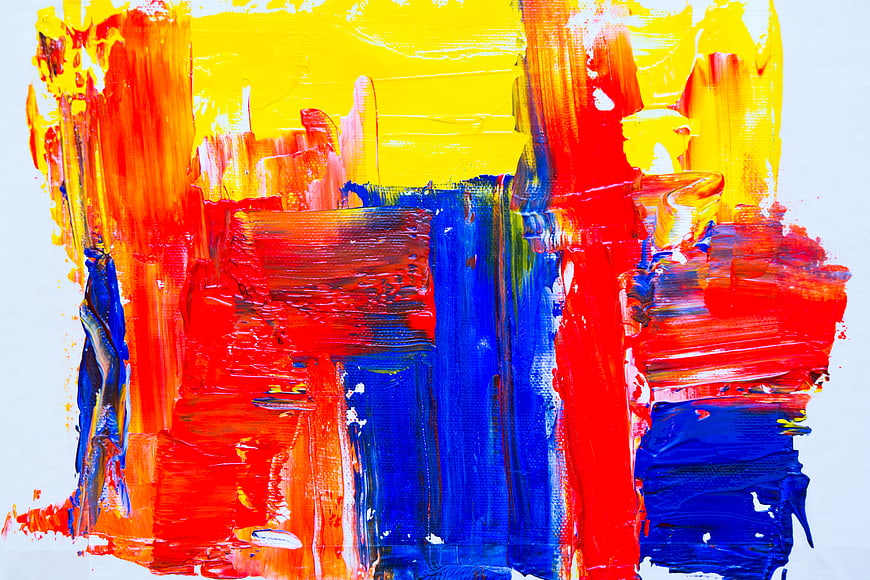 Vibrant Abstract Acrylic Painting with Bold Red, Blue, and Yellow Brushstrokes