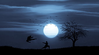 Silhouetted martial artists performing kung fu under a full moon at night