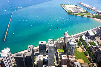 Aerial View of Chicago Skyline and Lake Michigan Shoreline