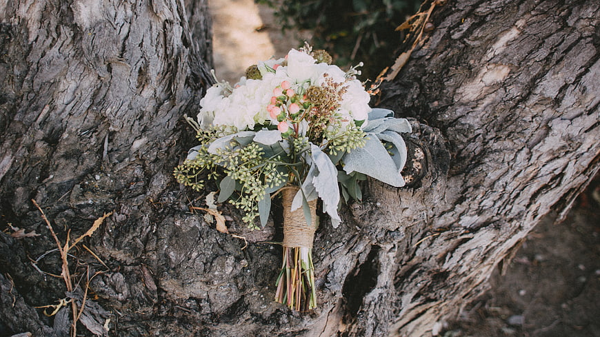 Rustic Wedding Bouquet Resting on Tree Bark