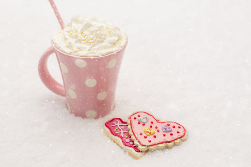 Valentine's Day Hot Chocolate and Heart Cookies in Snow