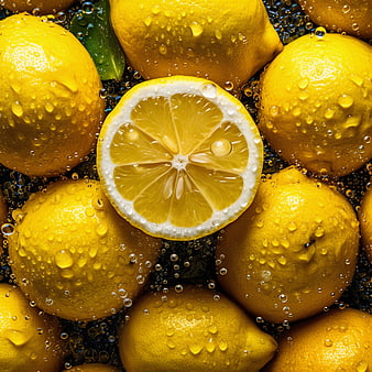 Fresh Yellow Lemons with Water Drops and Sliced Center