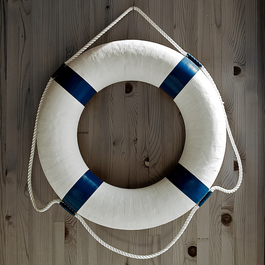 White and Blue Lifebuoy Hanging on Wooden Wall