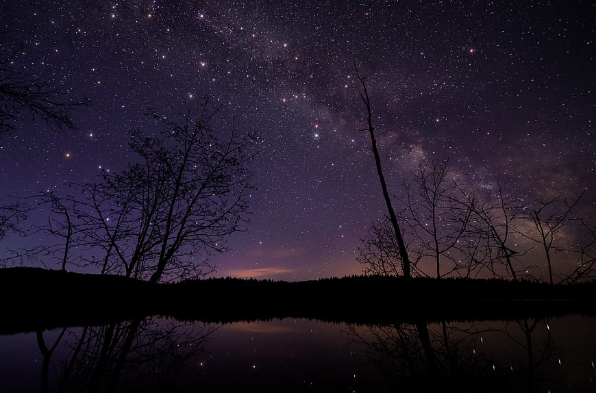 Milky Way Galaxy Night Sky Over Lake With Silhouetted Trees