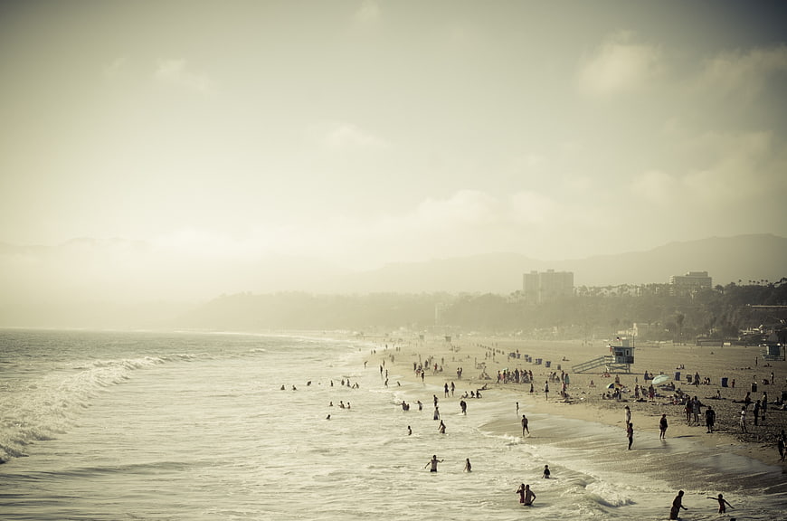 Hazy Summer Day at Santa Monica Beach with Crowds